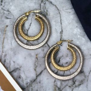 Vintage Two Tone Large Sterling Silver Textured Hoops Double hoop w/ yellow gold